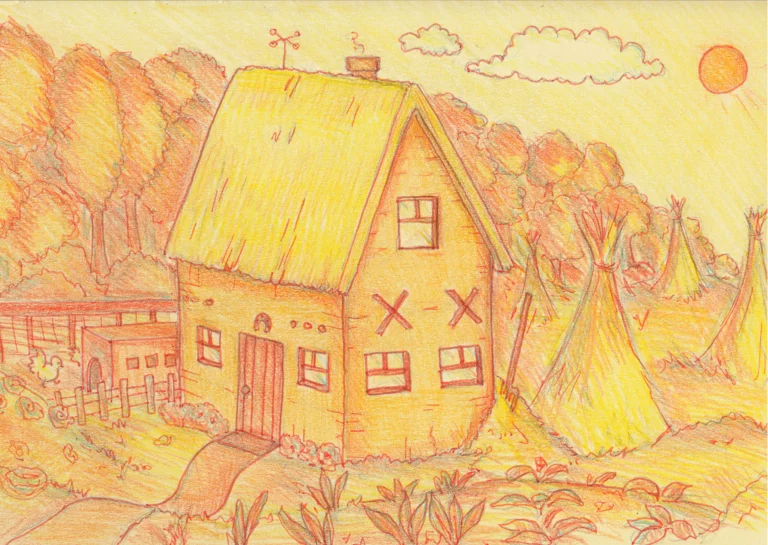 Geel huis met rieten dak en gele muren in een zomers veld, persoonlijk werk