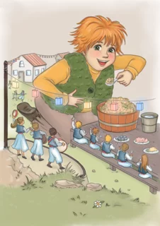 kinderillustratie van een grote jongen bij een feest
