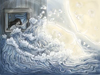 Meisje vliegt op een bezem, haar ouders staan toekijkend in de deuropening. illustratie voor het kinderboek 'Stel je dat eens voor...'