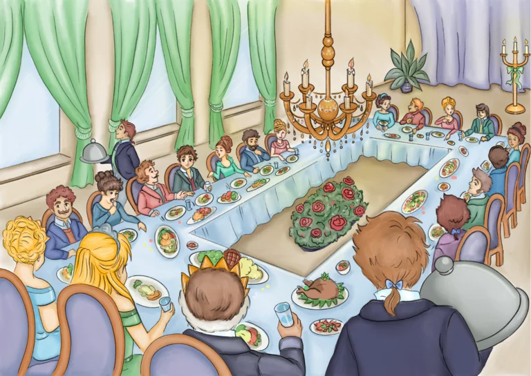 Lang feestbanket met kroonluchter en groene gordijnen, veel mensen aan tafel. Illustratie voor het sprookjesboek 'Stel je dat eens voor...'