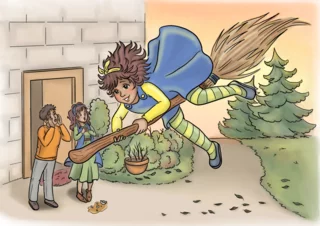 kinderboekillustratie van een meisje op een vliegend bezem