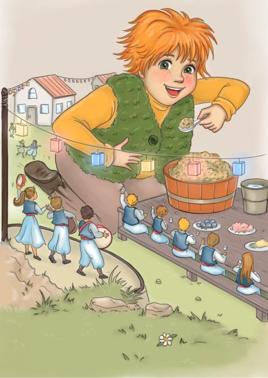 Illustratie voor het sprookje Max en de minimensjes met Max, die feest viert en lekker eten eet