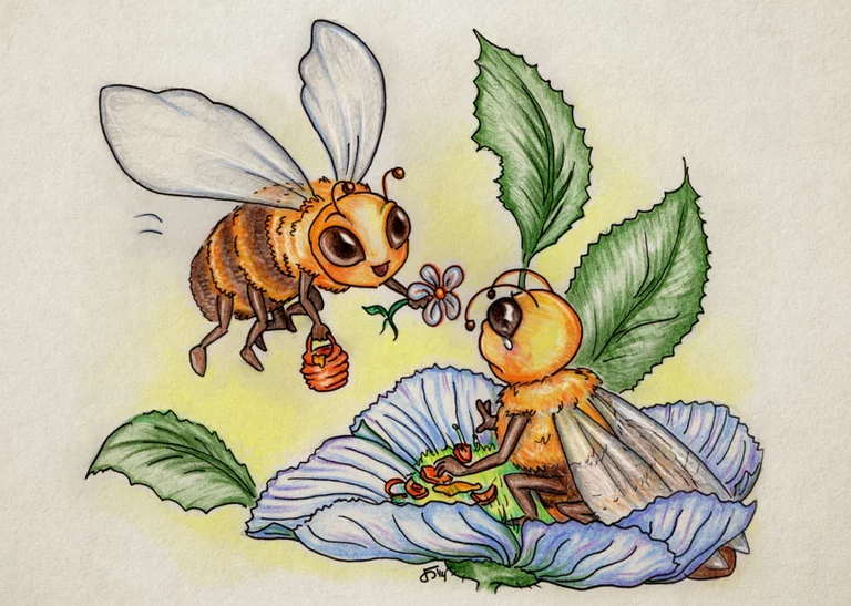Bij op een blad wordt getroost door een andere bij. Het zijn bijenvrienden. persoonlijk werk