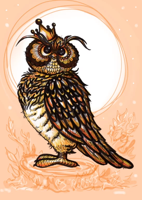 Grote rode vogel duikt met zijn kop naar beneden het water in - illustratie voor een mythe over het ontstaan van de aarde